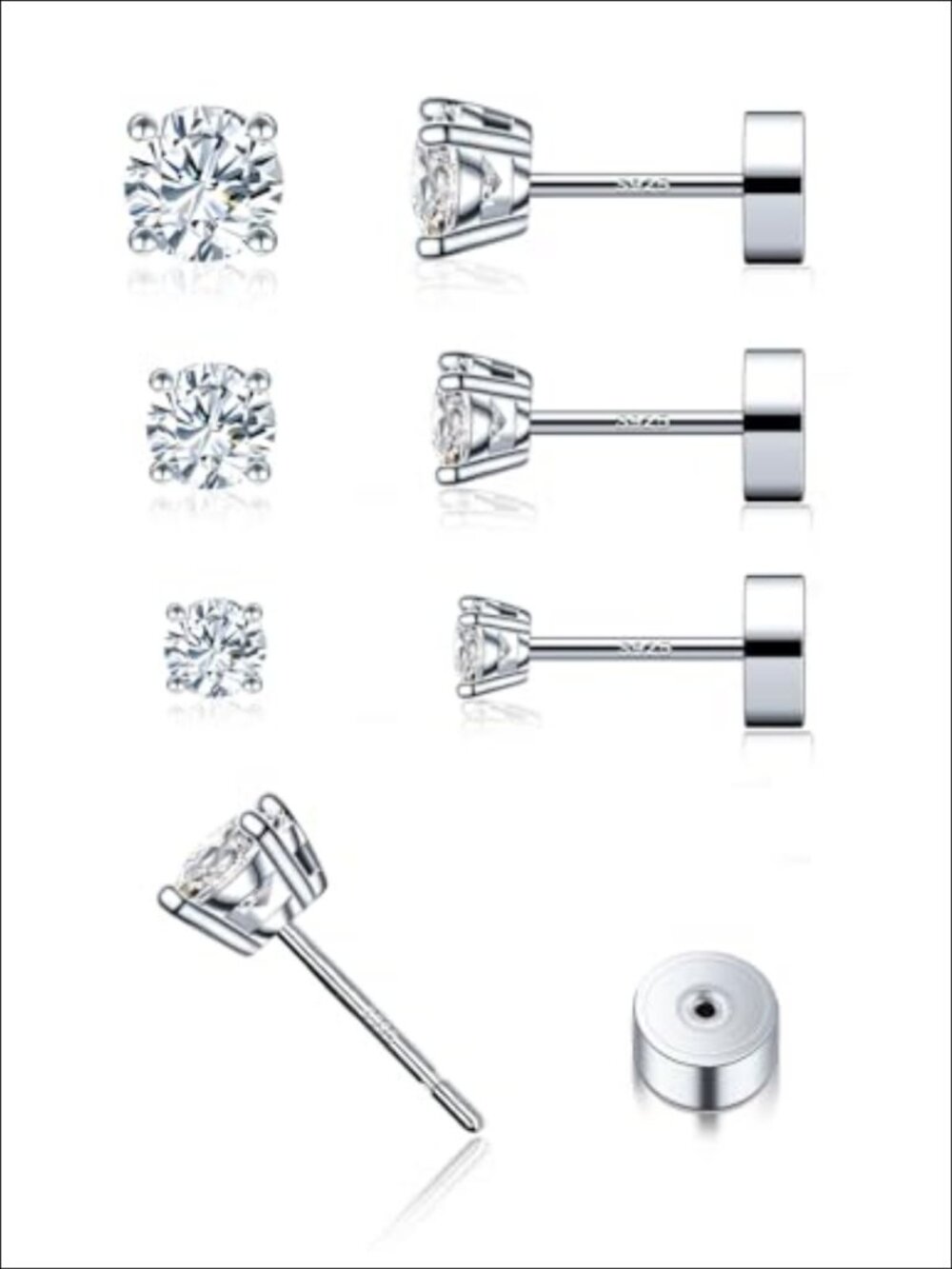 3 Pairs Moissanite Stud Earrings 925 Sterling Silver 18K White Gold Plated